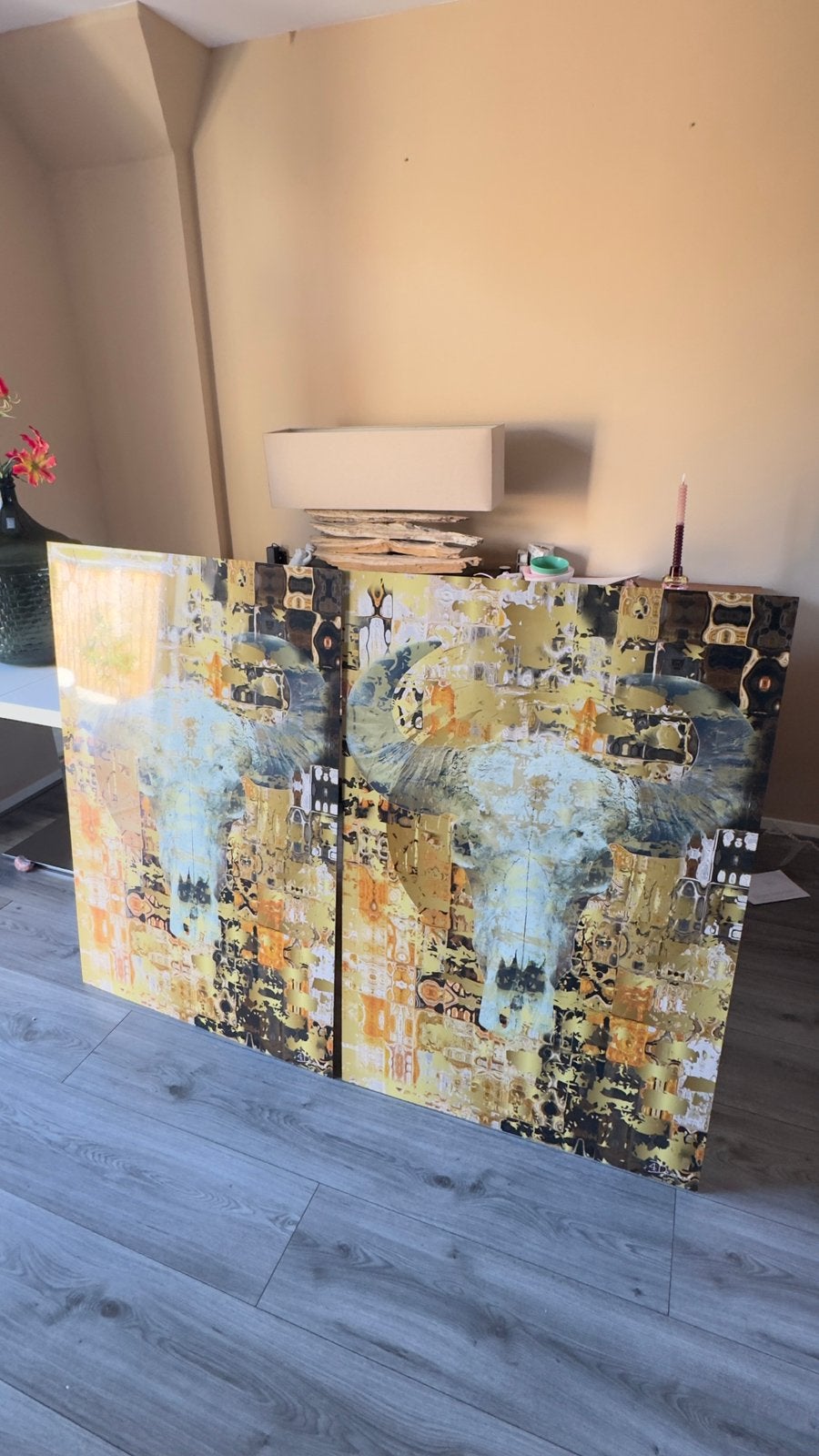 Set van 2 abstracte kunstpanelen – Skull Gold – Stier, Ophalen