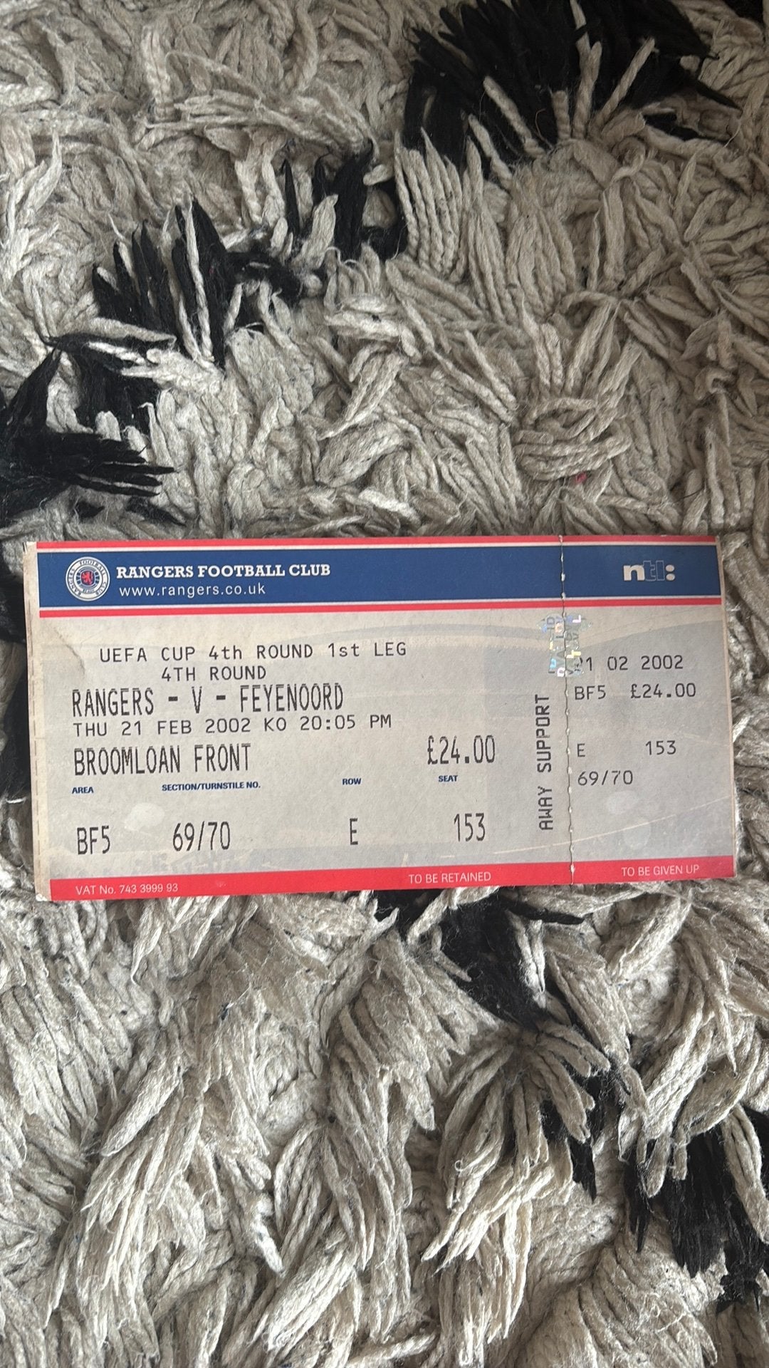 Oud stadionticket feyenoord rangers 2002, Verzamelen, Verzenden, Zo goed als nieuw, Feyenoord