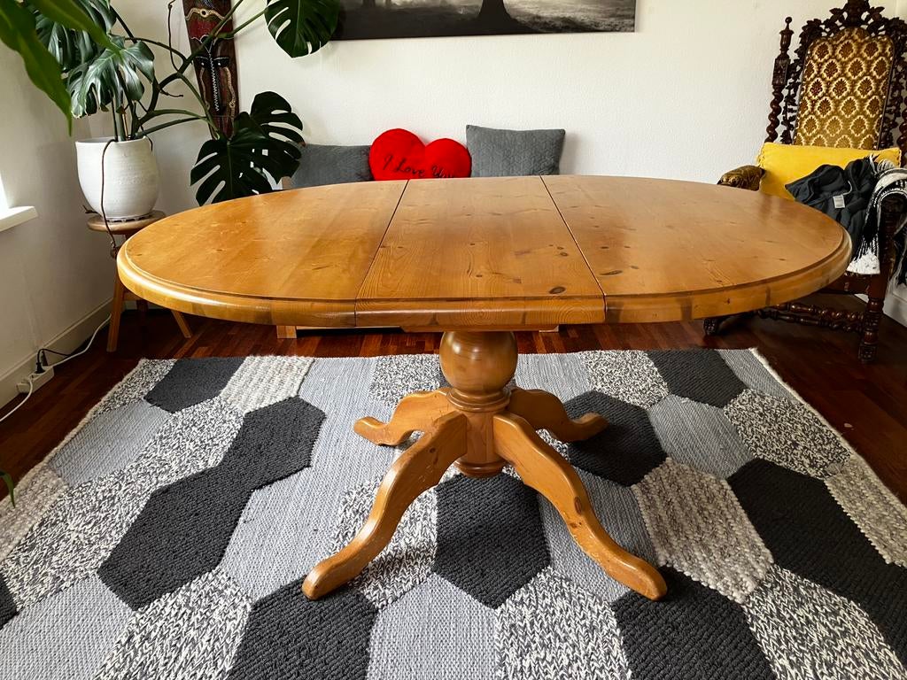 Massief grenen tafel, verstelbaar ovaal/rond 159x118x76., Huis en Inrichting, Tafels | Eettafels, Ophalen, Gebruikt, 100 tot 150 cm