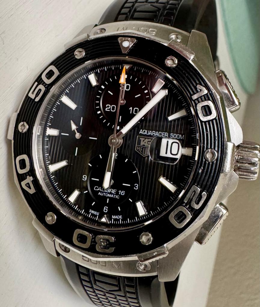 Tag Heuer Aquaracer 500 meter automatic chrono met box/pap, Staal, Polshorloge, Kunststof, Ophalen of Verzenden