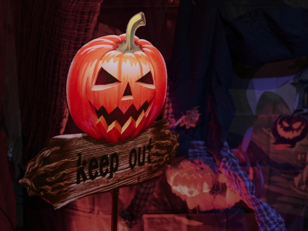 Europalms halloween pompoen keep out 50 cm met grondstok, Halloween of Griezel, ., Nieuw, Ophalen of Verzenden