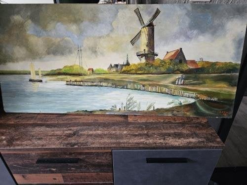 Olieverfschilderij: Hollandse Molen aan het Water, Paneel, Oud hollands, Ophalen of Verzenden, Landschap