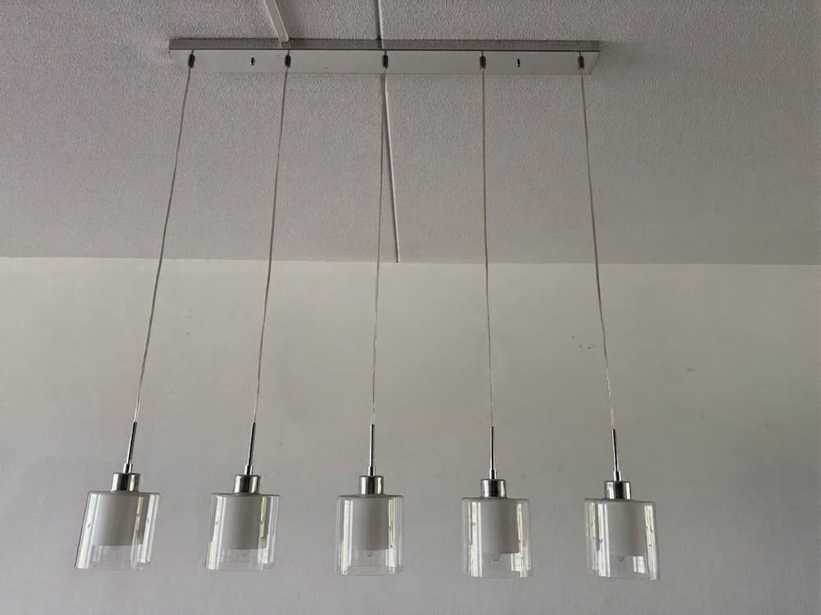 Moderne hanglamp met 5 glazen kappen, Ophalen of Verzenden, Zo goed als nieuw, Glas, E14 (klein)