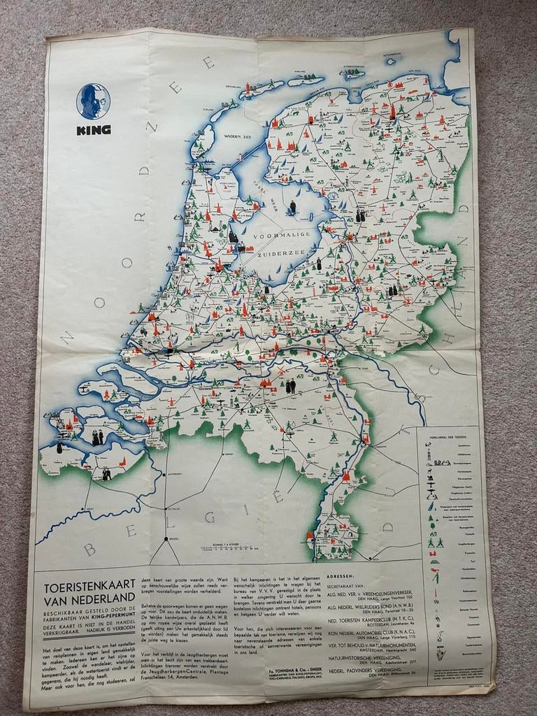 King Toeristische landkaart van Nederland, Gelezen, Ophalen of Verzenden, Landkaart, 1800 tot 2000