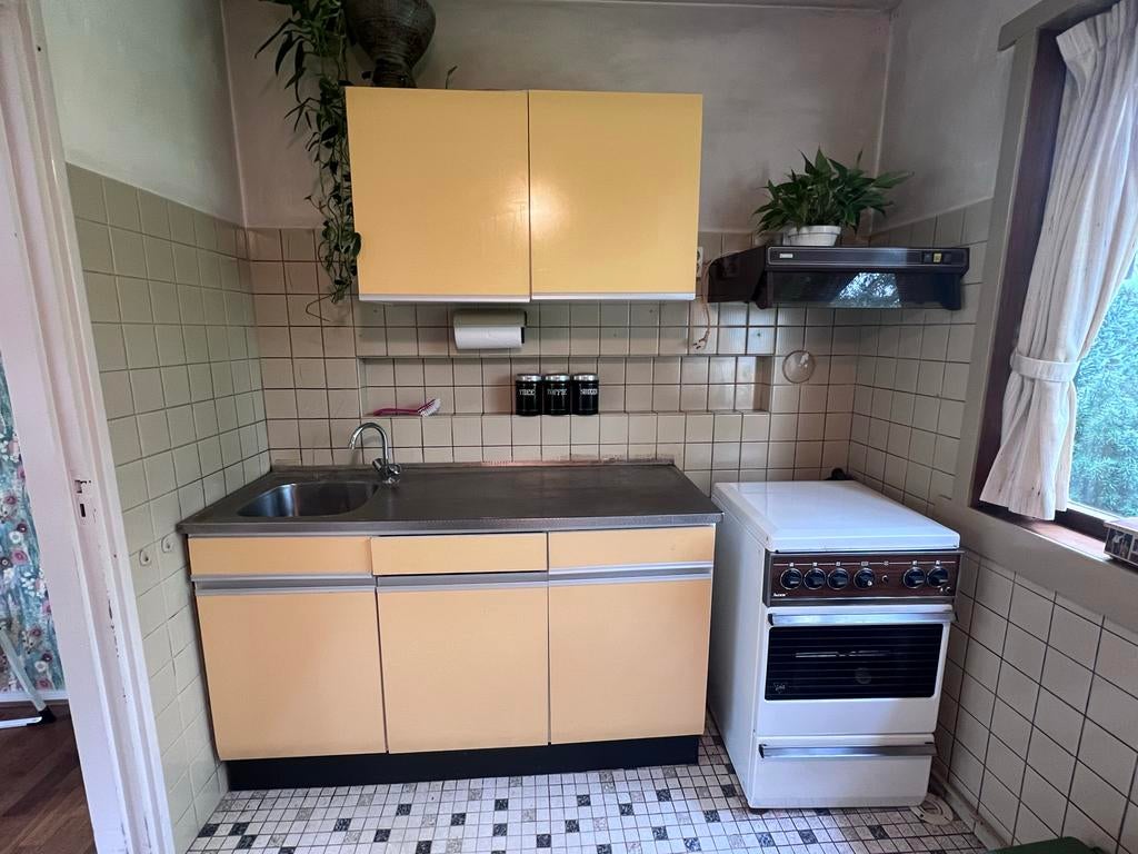 Gratis* vintage gele keuken met afzuigkap en gasfornuis, Ophalen, Gebruikt, Geel, Enkelwandige keuken