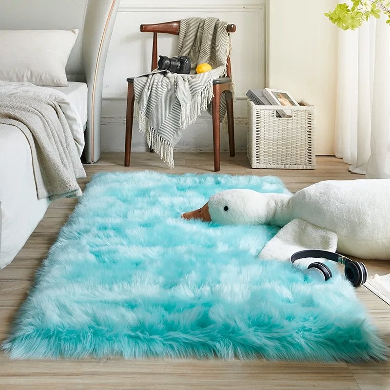 Blauwe Rechthoekig Pluche Hoogpolig Vloerkleed Kleed Tapijt, 50 tot 100 cm, Rechthoekig, Verzenden, Blauw