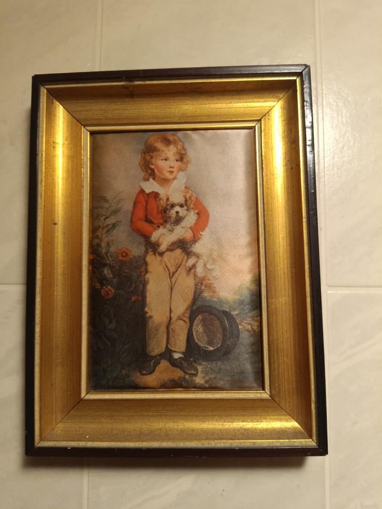 Vintage ingelijste prent: Jongen met hondje, Ophalen of Verzenden