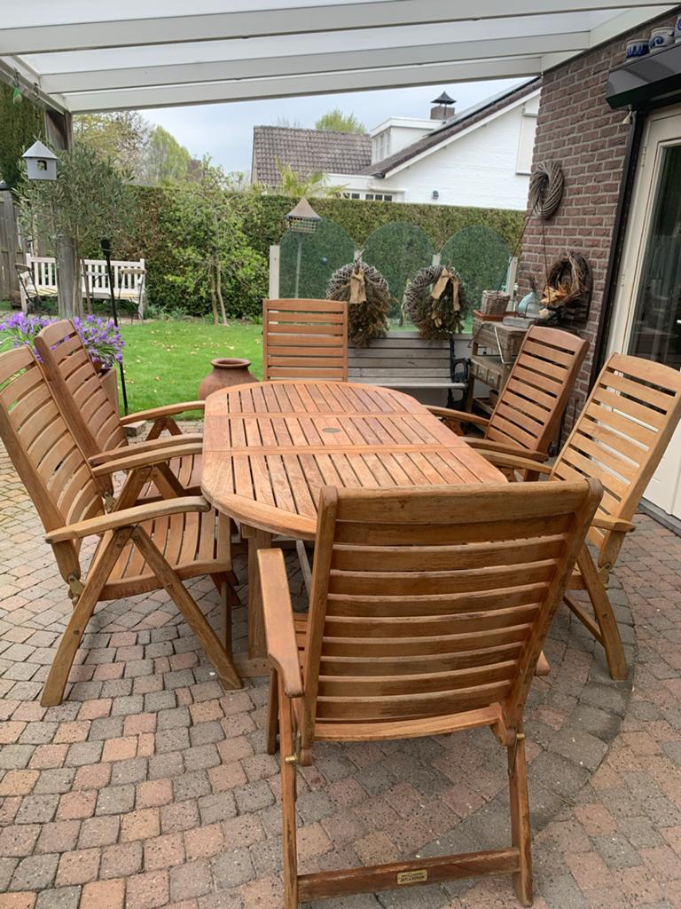 Teakhouten tuinset Jati & Kebon met 6 verstelbare stoelen, Tuin en Terras, Ophalen, Gebruikt, Eettafel, 6 zitplaatsen