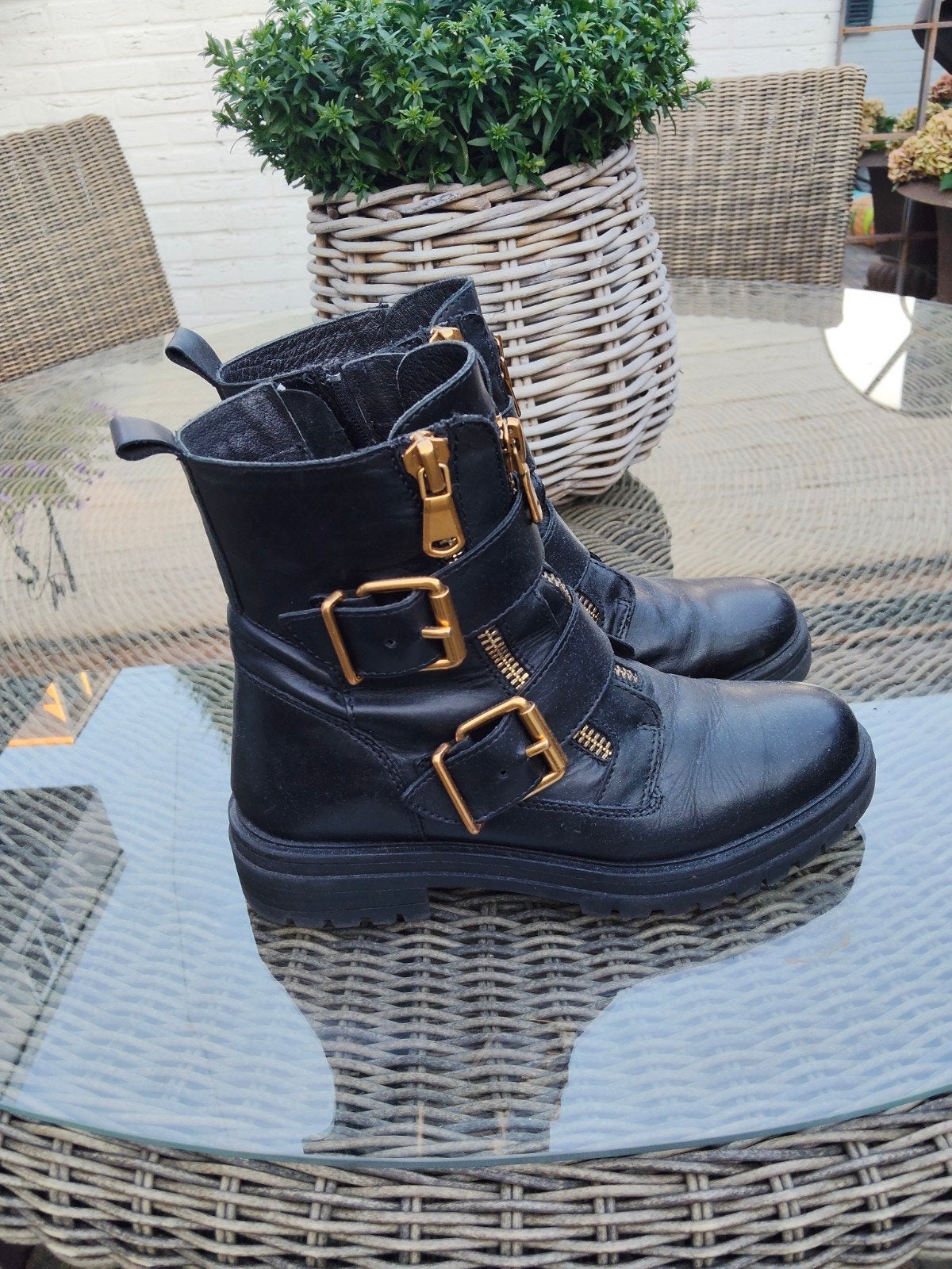 Zgan Zwarte Leren Omoda Bikerboots/ Laarzen mt 39, Zwart, Omoda, Lage of Enkellaarzen, Ophalen of Verzenden