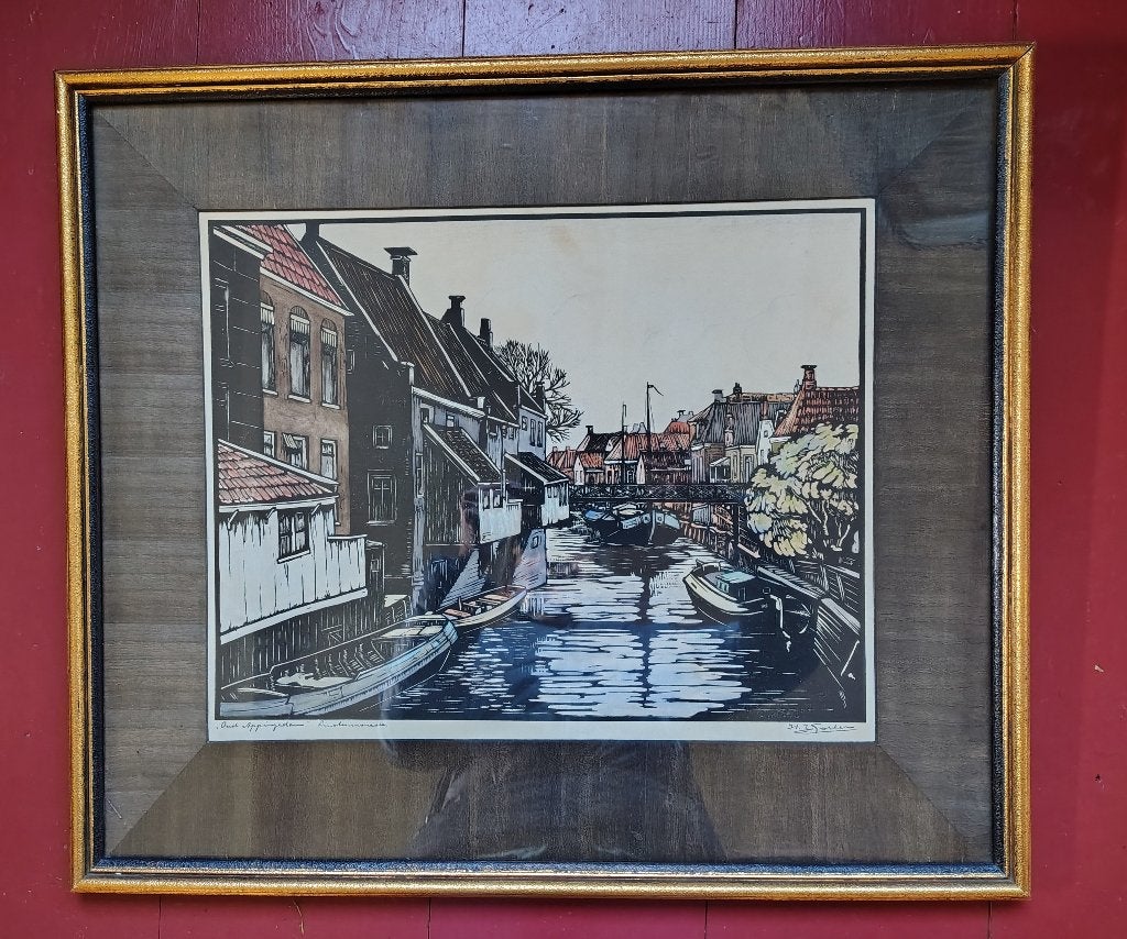 HJ Gorter, hangende keukens in Appingedam, linosnede, druk, Ophalen of Verzenden