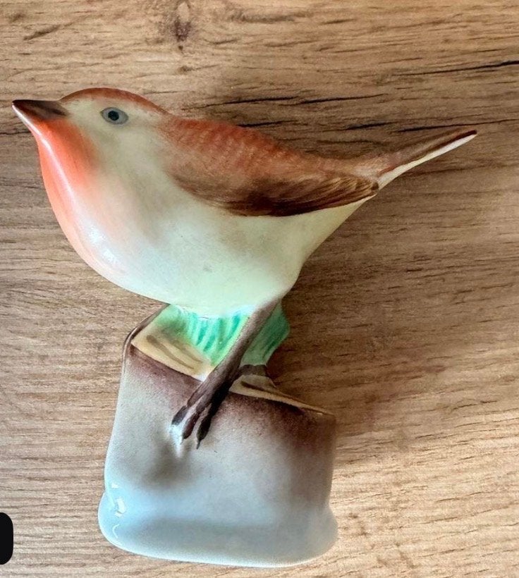 Heerend Vintage porseleinen roodborstje beeldje, Verzenden, Gebruikt, Vogel, Beeldje of Figuurtje