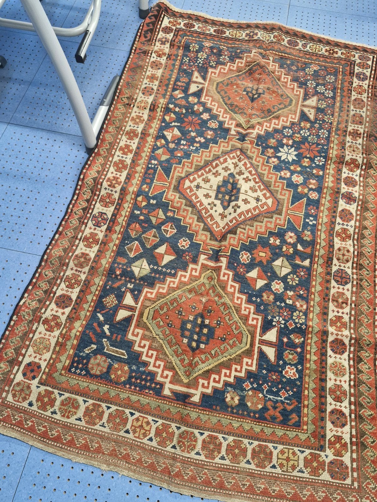 Handgeknoopt Oosters wollen tapijt 135x220 cm – Kazak stijl, Ophalen of Verzenden, Blauw, Rechthoekig, 200 cm of meer