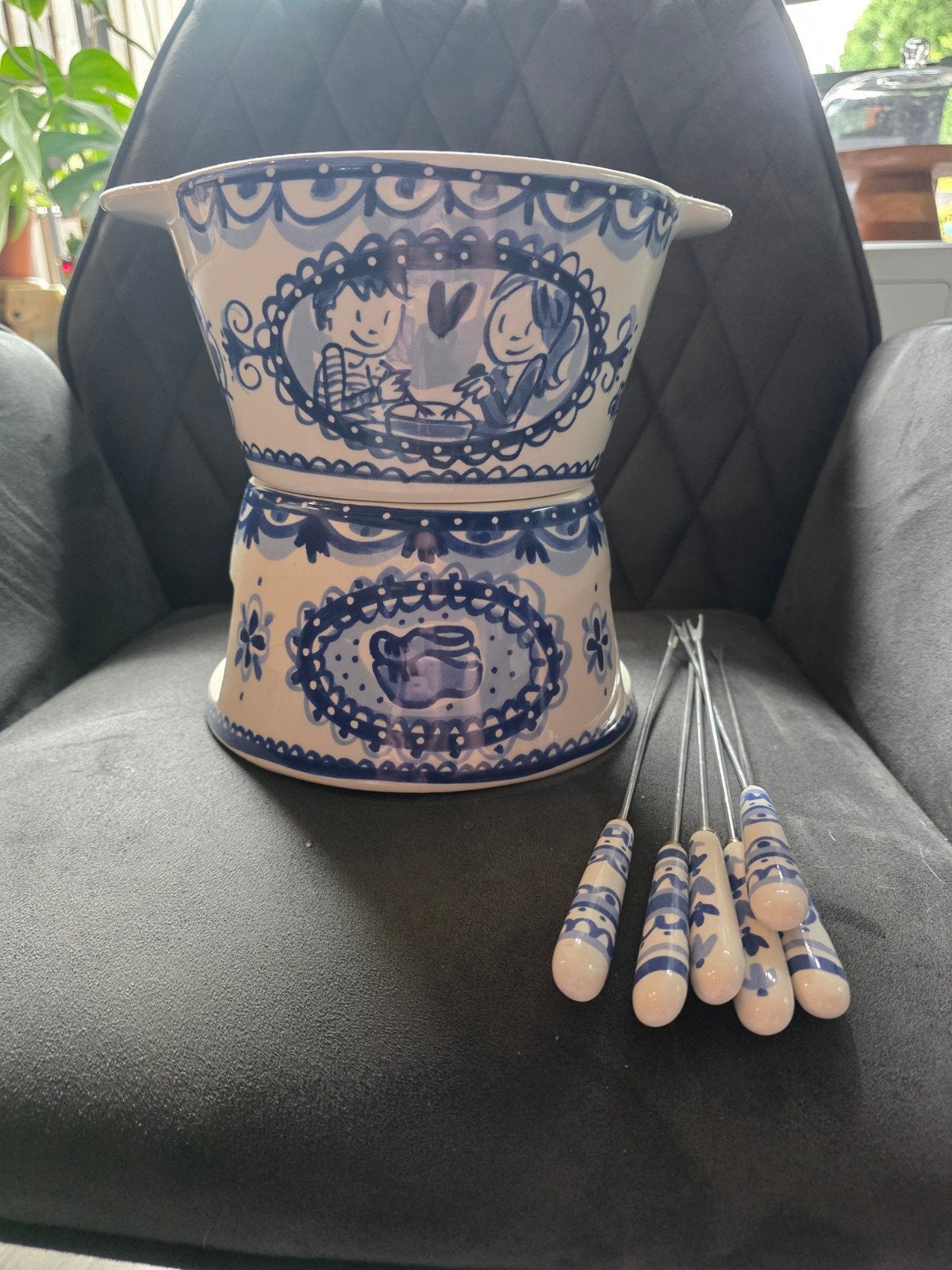 Delfts Blauw Fonduepan met Vorkjes, Zo goed als nieuw, Steen/keramiek, Ophalen, Blond Amsterdam