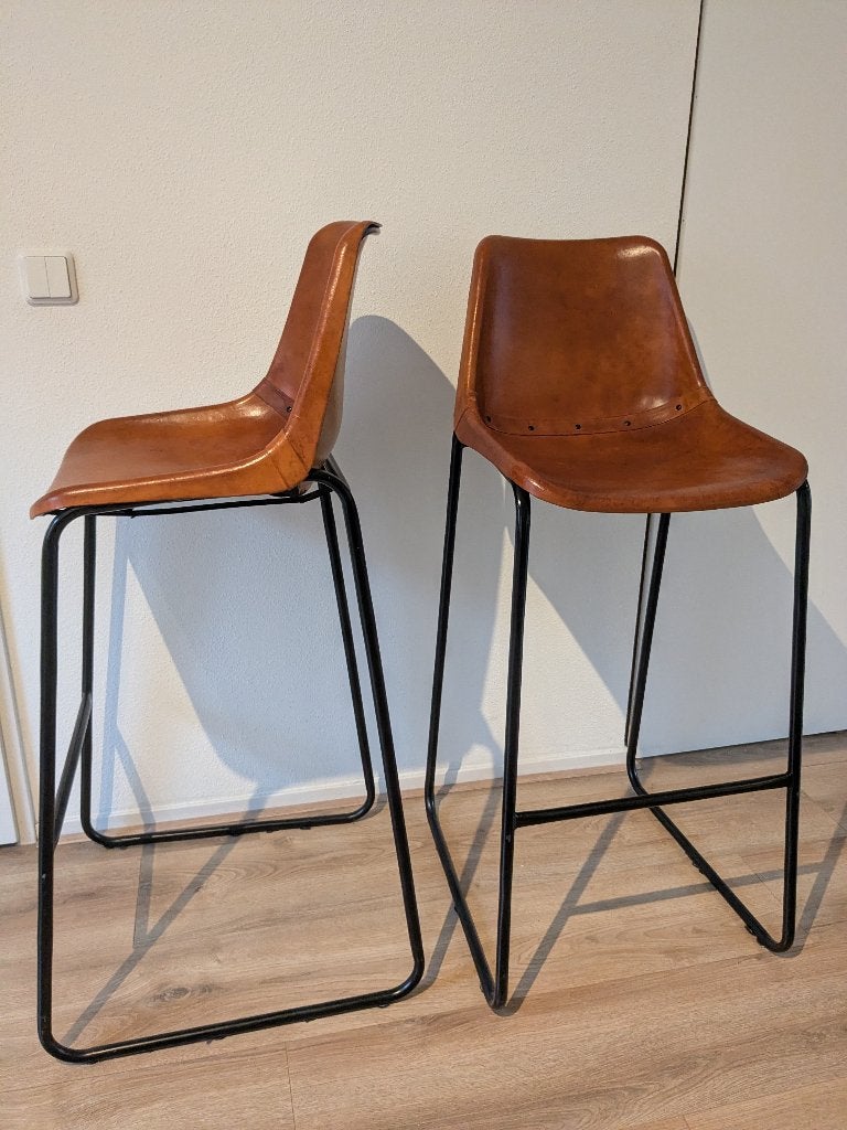 Industriële barkruk Cognac - Geiten leer- Merk: Meubelasia, Ophalen, Gebruikt, Met voetsteun, 60 tot 90 cm