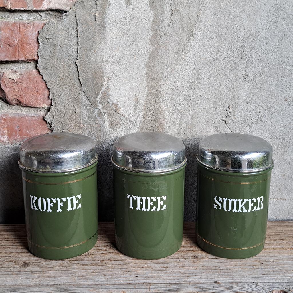 3x Oude emaille voorraadbus groen Koffie Thee Suiker *Etage3, Gebruikt, ., Ophalen of Verzenden, .