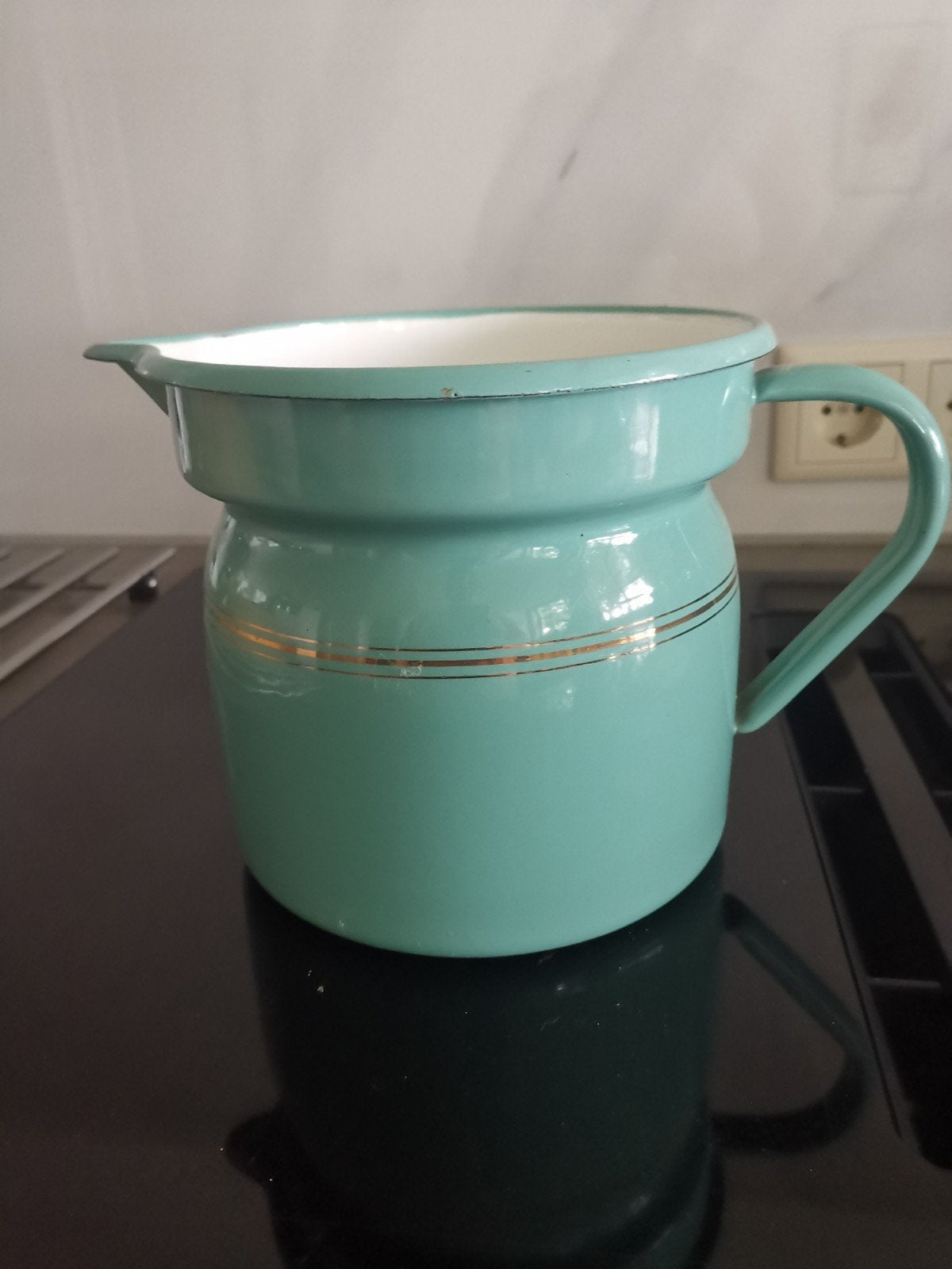 Vintage Mintgroene Emaille melkkoker met Gouden Rand, Ophalen of Verzenden