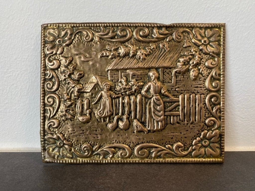 Vintage messing wandbord – Landelijk tafereel, Antiek en Kunst, Ophalen