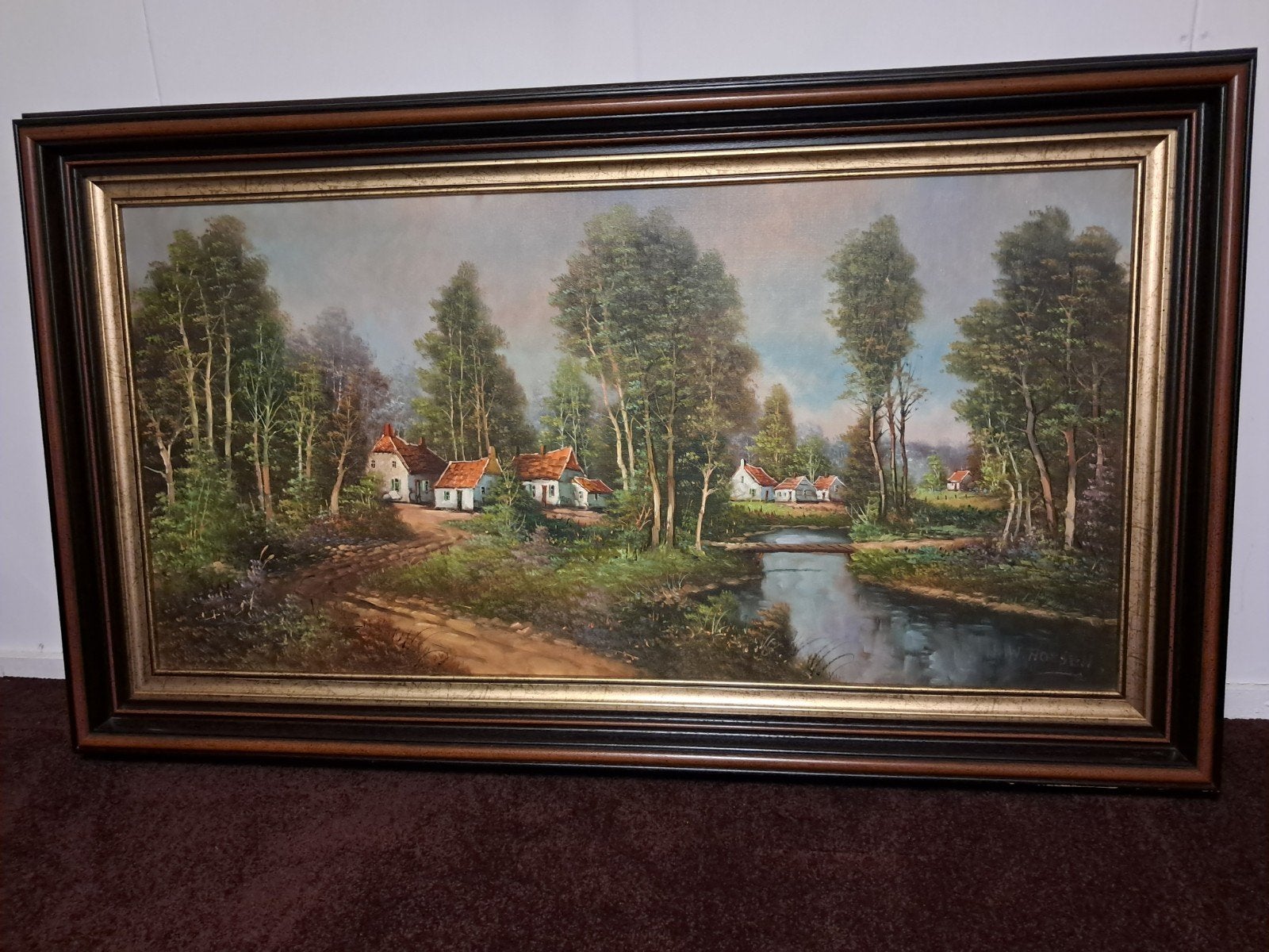 Schilderij van H.W. Hoesen - Landschap met boerderijen, Antiek en Kunst, Kunst | Schilderijen | Klassiek, Ophalen