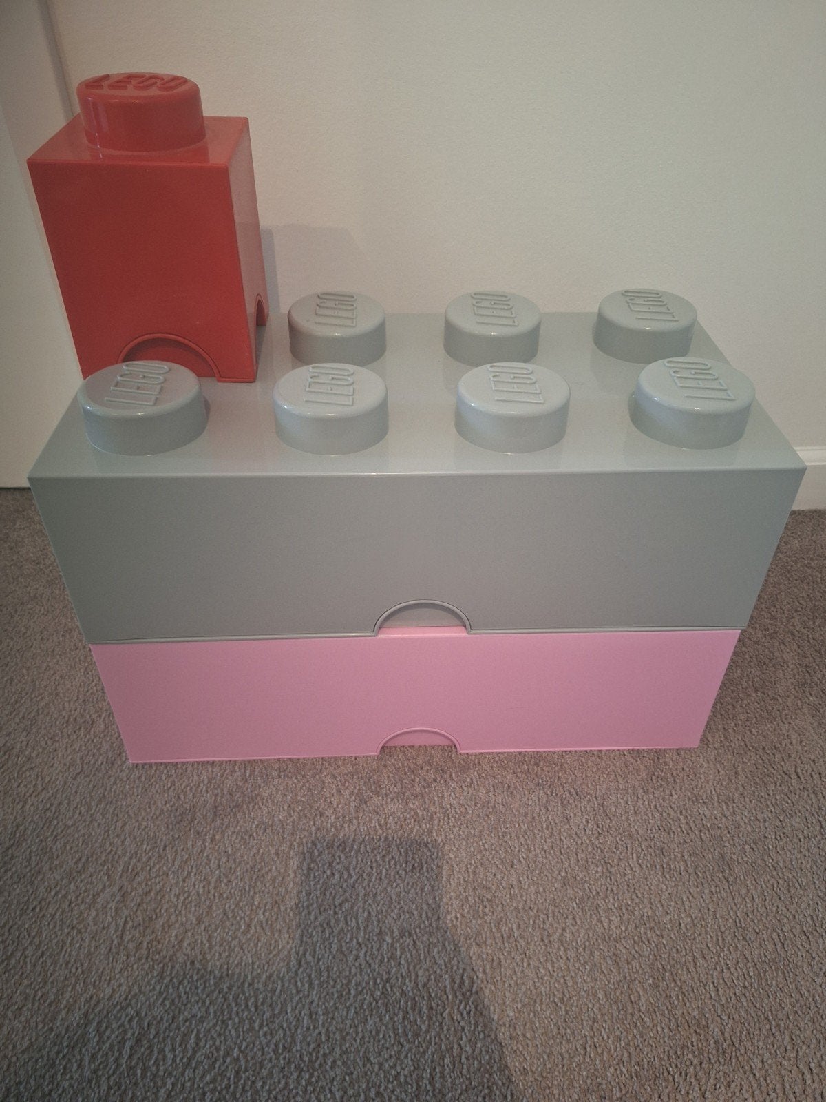 Lego opbergdozen - rood, grijs en roze, Ophalen, Gebruikt, Overige merken