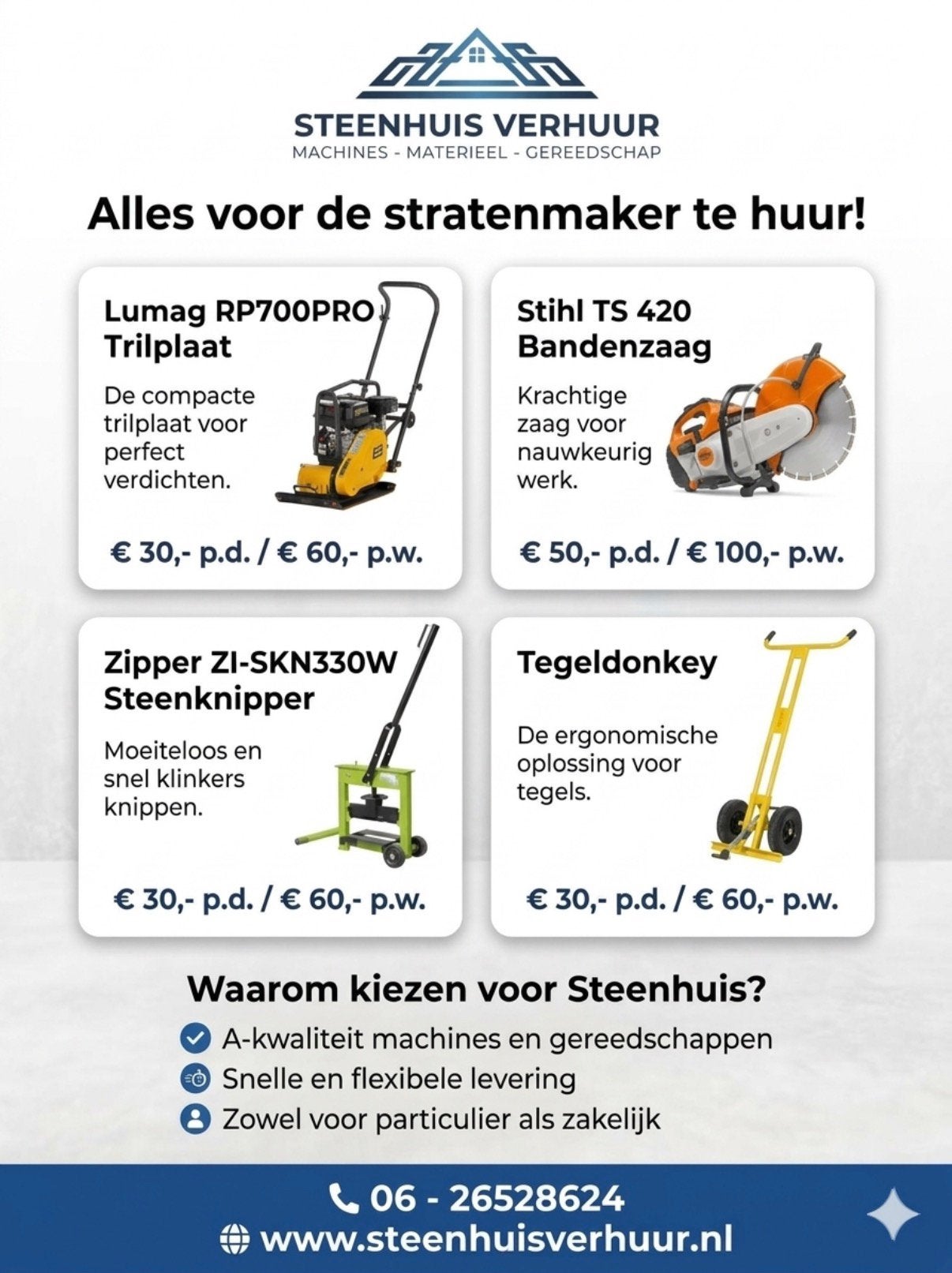 TE HUUR: Stratenmakers machines/gereedschappen, Ophalen, Nieuw