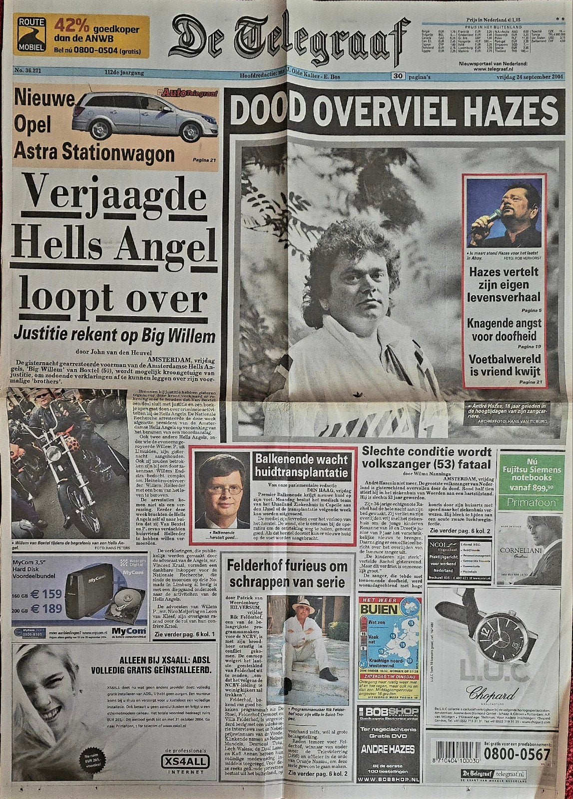 André Hazes: Krantenpagina's overlijden 24 sept 2004, Ophalen of Verzenden, Gelezen, Krant