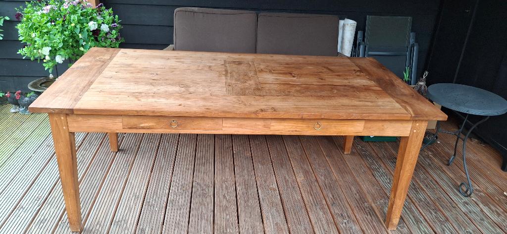 Eettafel massief teak, Ophalen, Teakhout, 200 cm of meer, 50 tot 100 cm
