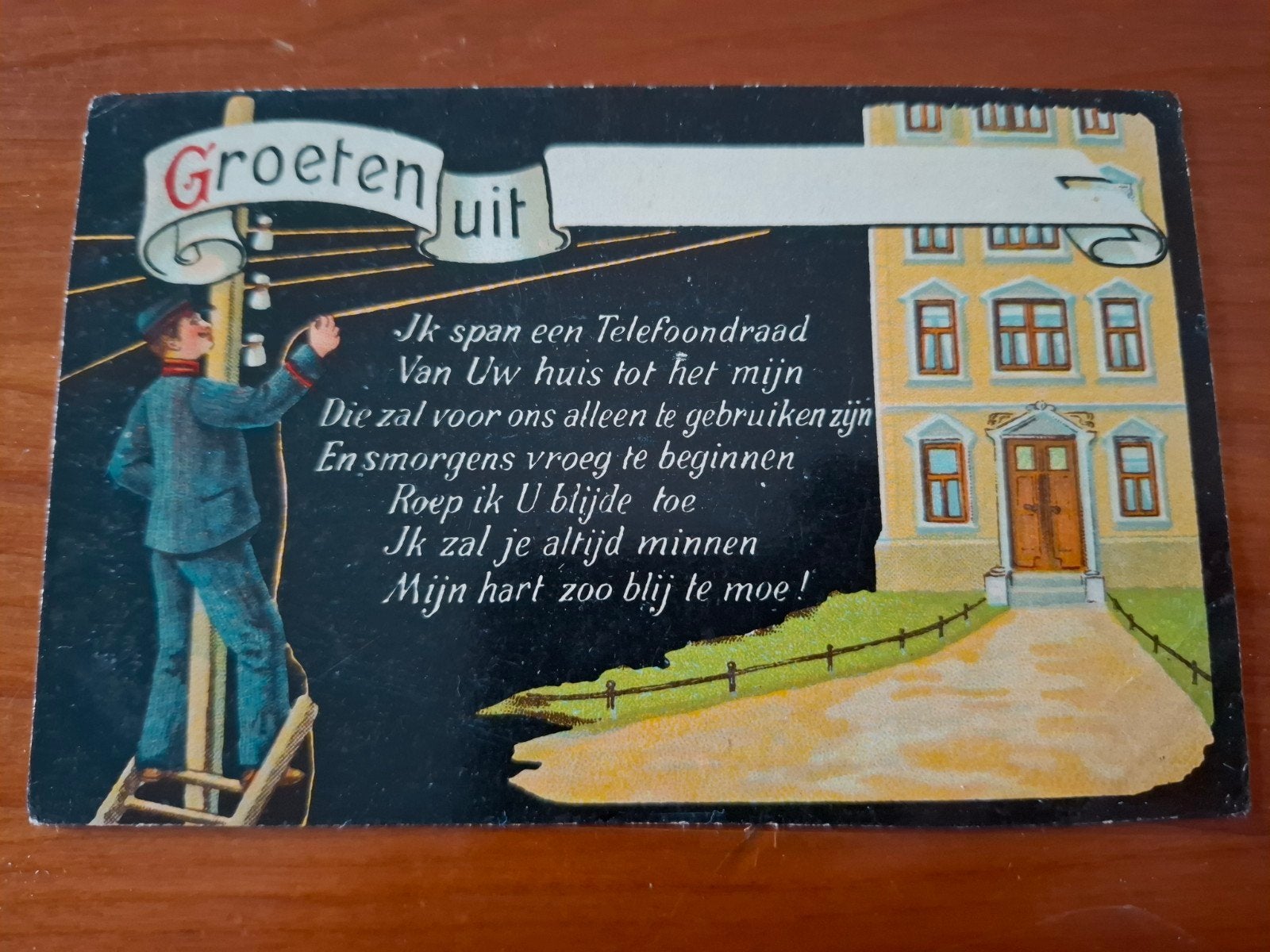 Ansichtkaart 'Groeten uit' met Telefoondraad gedicht, Ophalen of Verzenden, Voor 1920, Ongelopen, Overige thema's