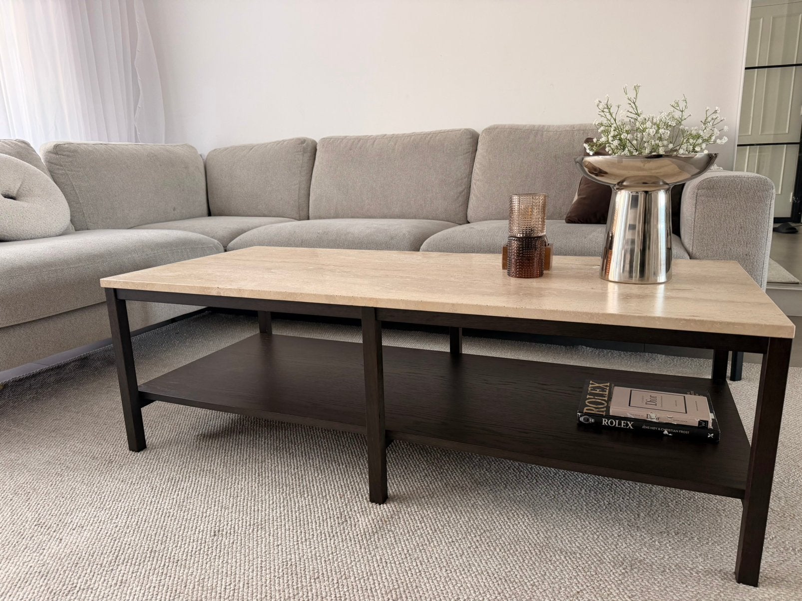 Salontafel met travertin tafelblad westwing, Ophalen, 100 tot 150 cm, Eikenhout, 50 tot 100 cm