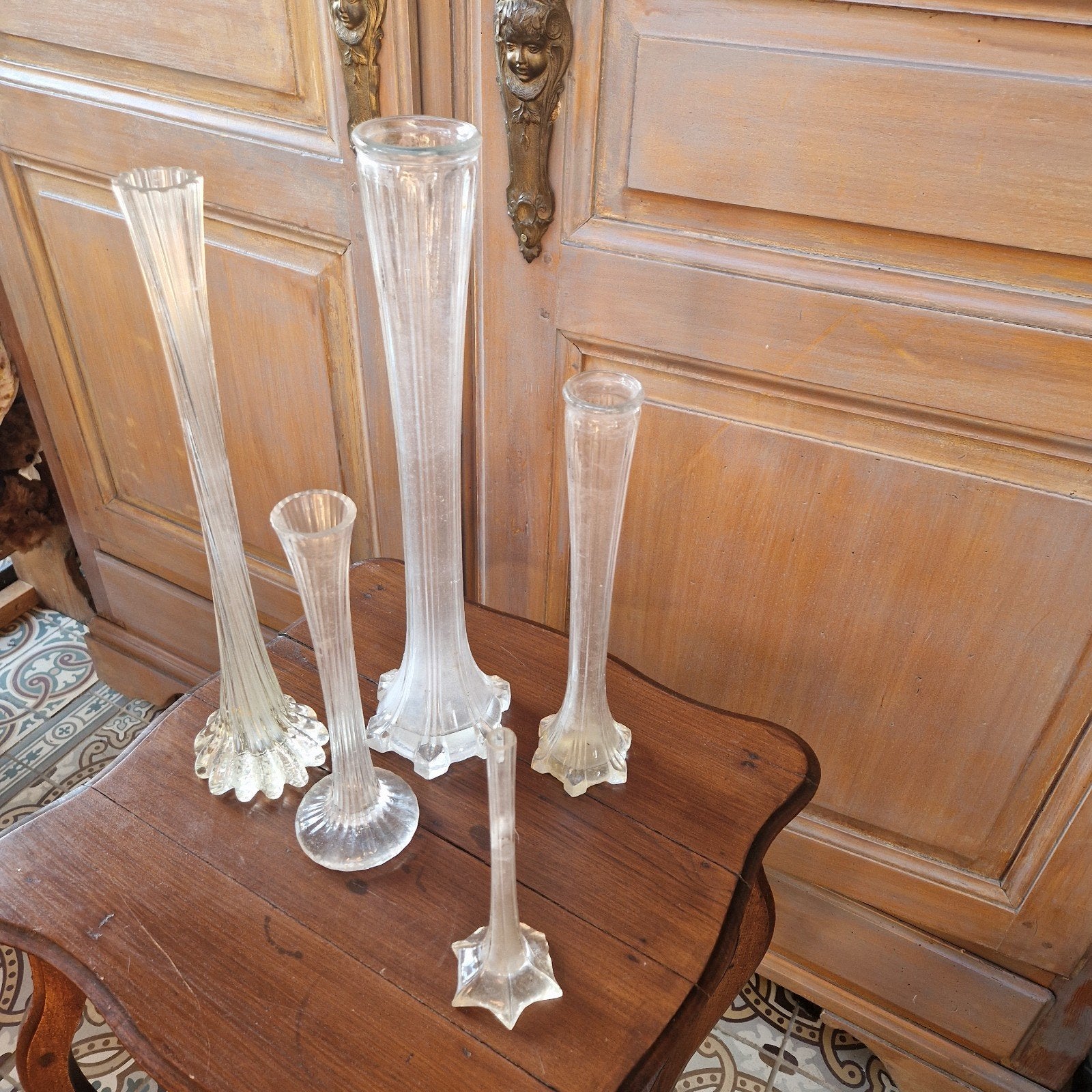 Setje oude glazen vaasjes brocante deco vaasje vaas, Ophalen of Verzenden