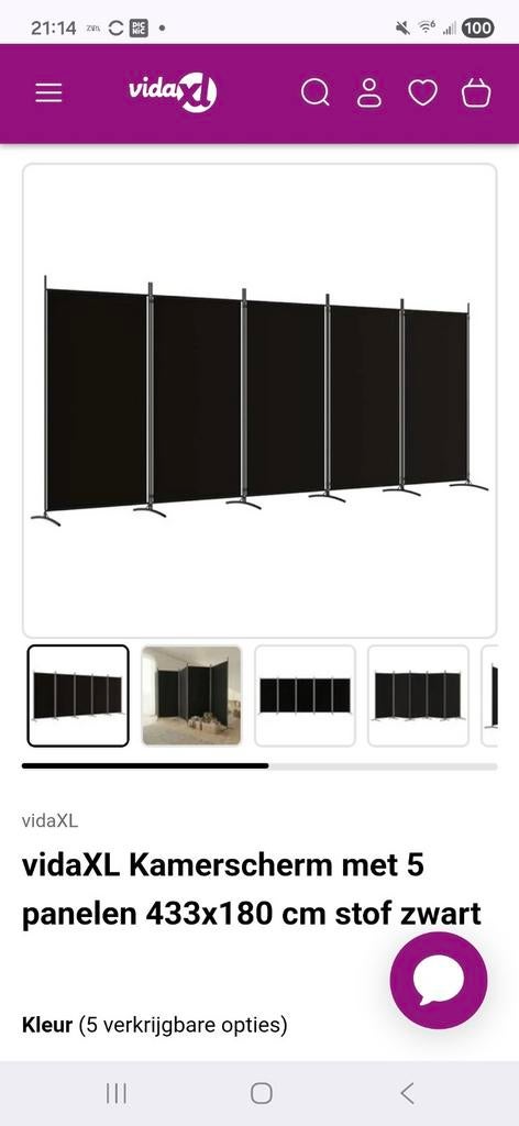 vidaXL Kamerscherm 5 Panelen Zwart 433x180 cm, Huis en Inrichting, Woonaccessoires | Kamerschermen, Ophalen