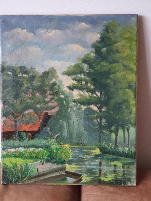 Schilderij Boerderij met sloot en boot J. Hartsma Groningen., Ophalen