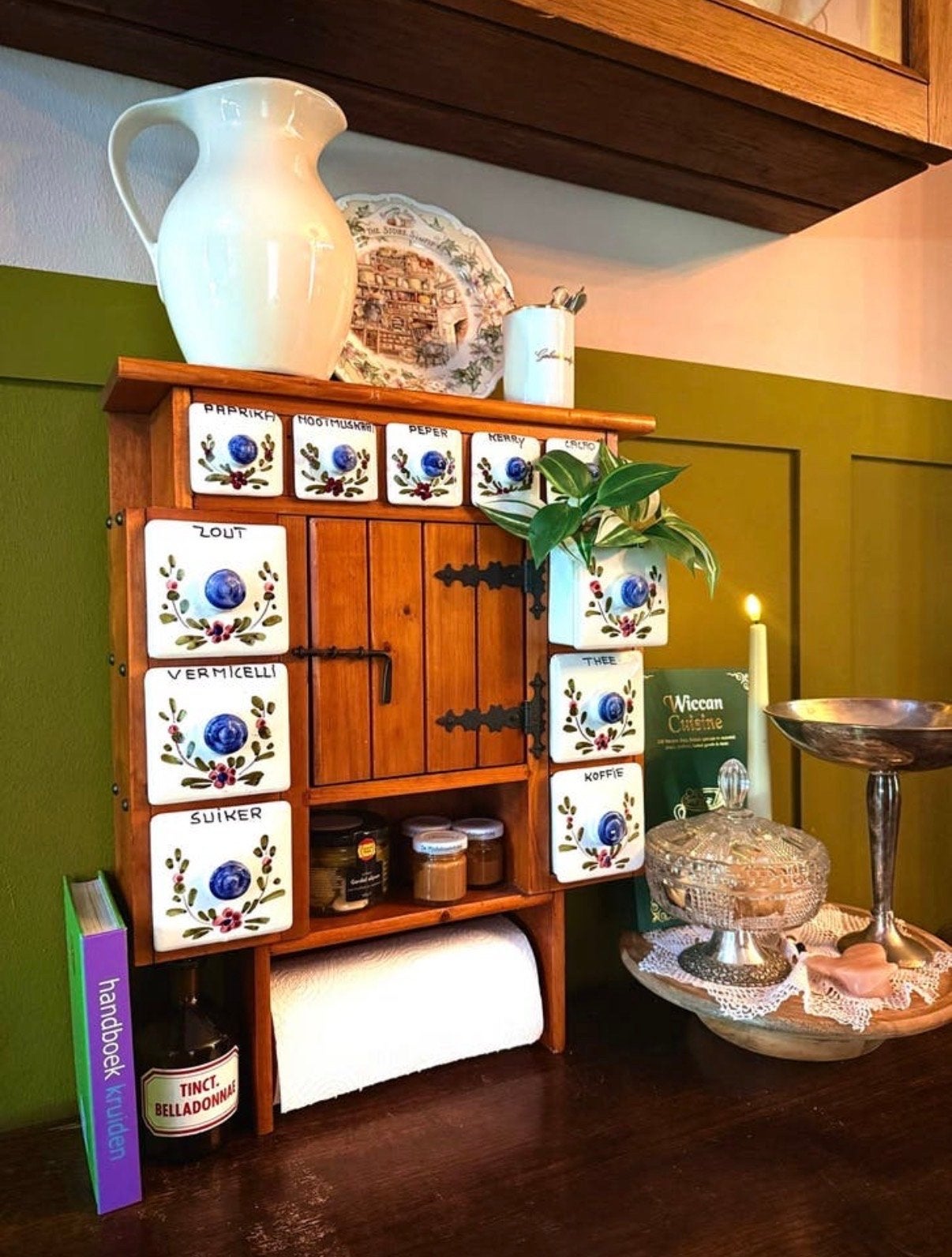 Vintage kruidenrek met keramische lades., Ophalen