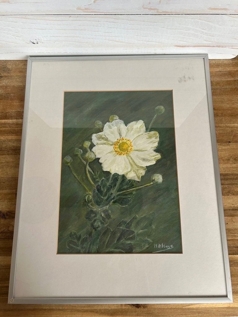 Ingelijst bloemenschilderij witte anemoon 41x51cm, Antiek en Kunst, Acrylverf, Realistisch, Stilleven, Ophalen of Verzenden