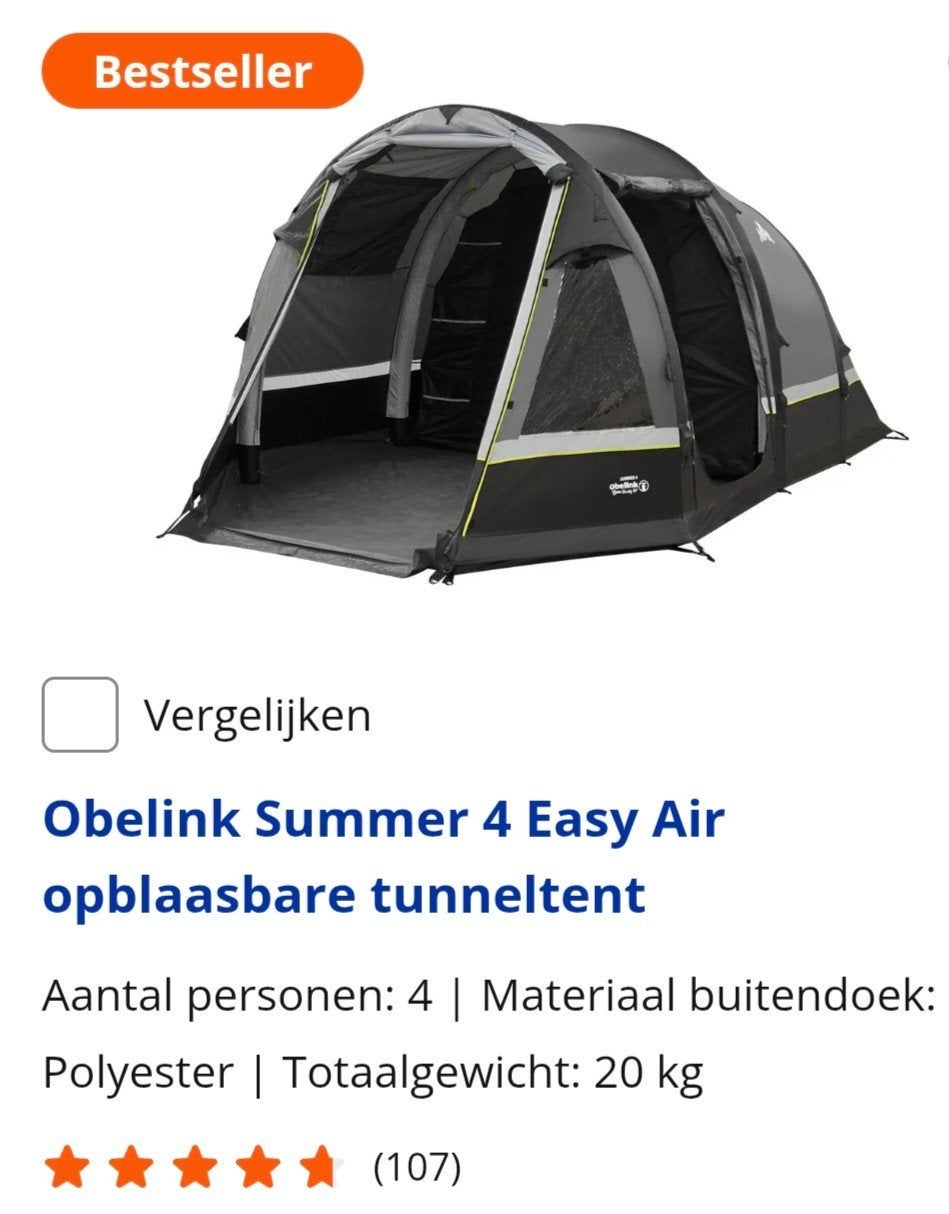 Obelink tunneltent Summer 4 easy air polyester, Ophalen, Tot en met 4