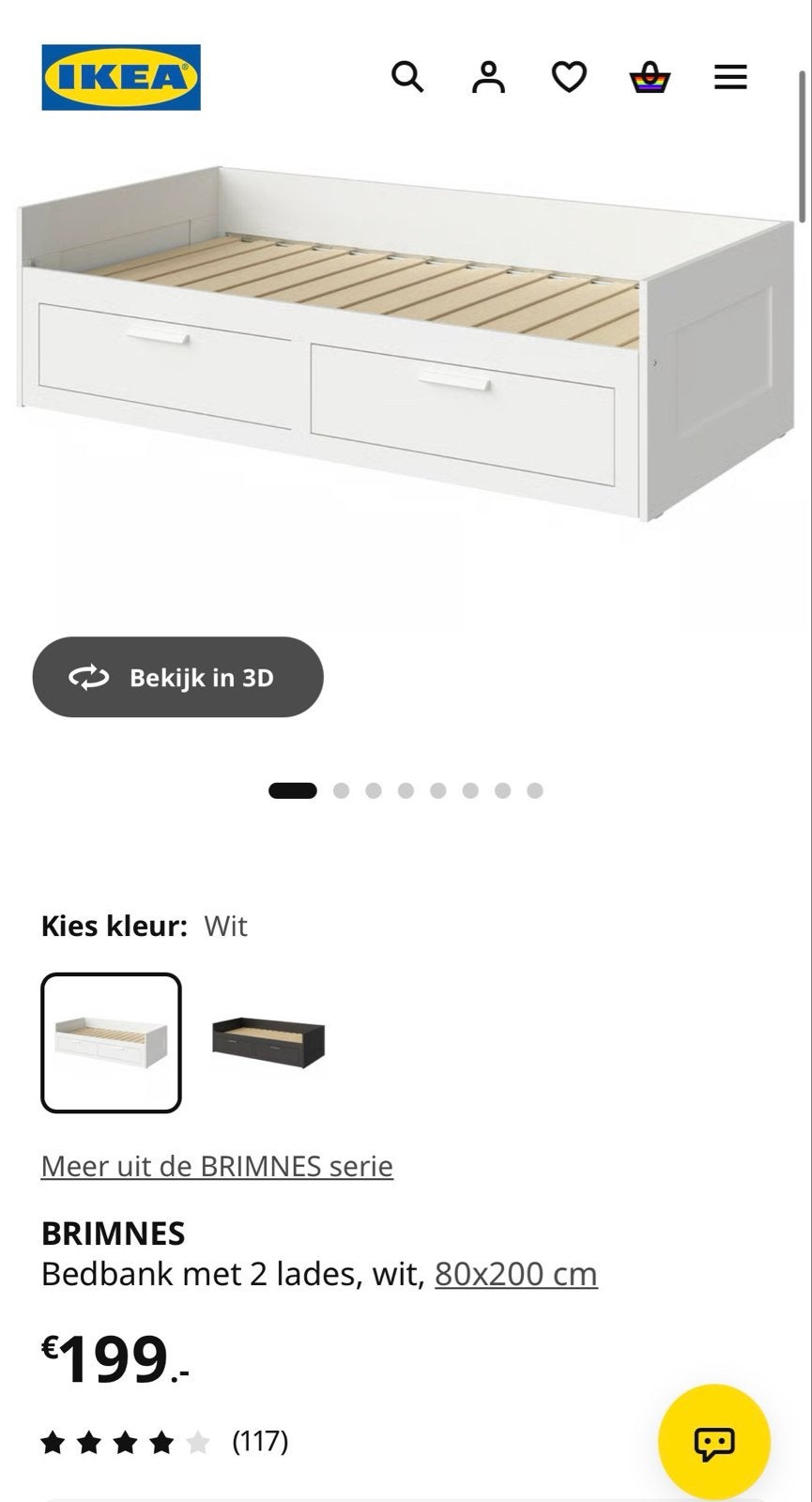 IKEA BRIMNES Bedbank met 2 lades, wit, 80x200 cm, Ophalen, Gebruikt, Eenpersoons, Wit