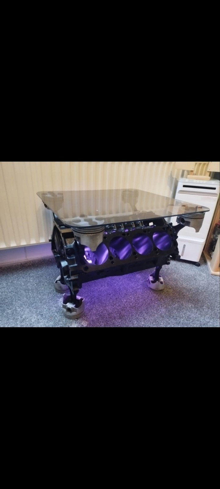 Unieke salontafel van motorblok met glasplaat, Ophalen, 50 – 75, 100 tot 150 cm, 50 tot 100 cm
