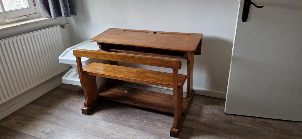 Vintage houten schoolbankje met bankje, Antiek en Kunst, Ophalen