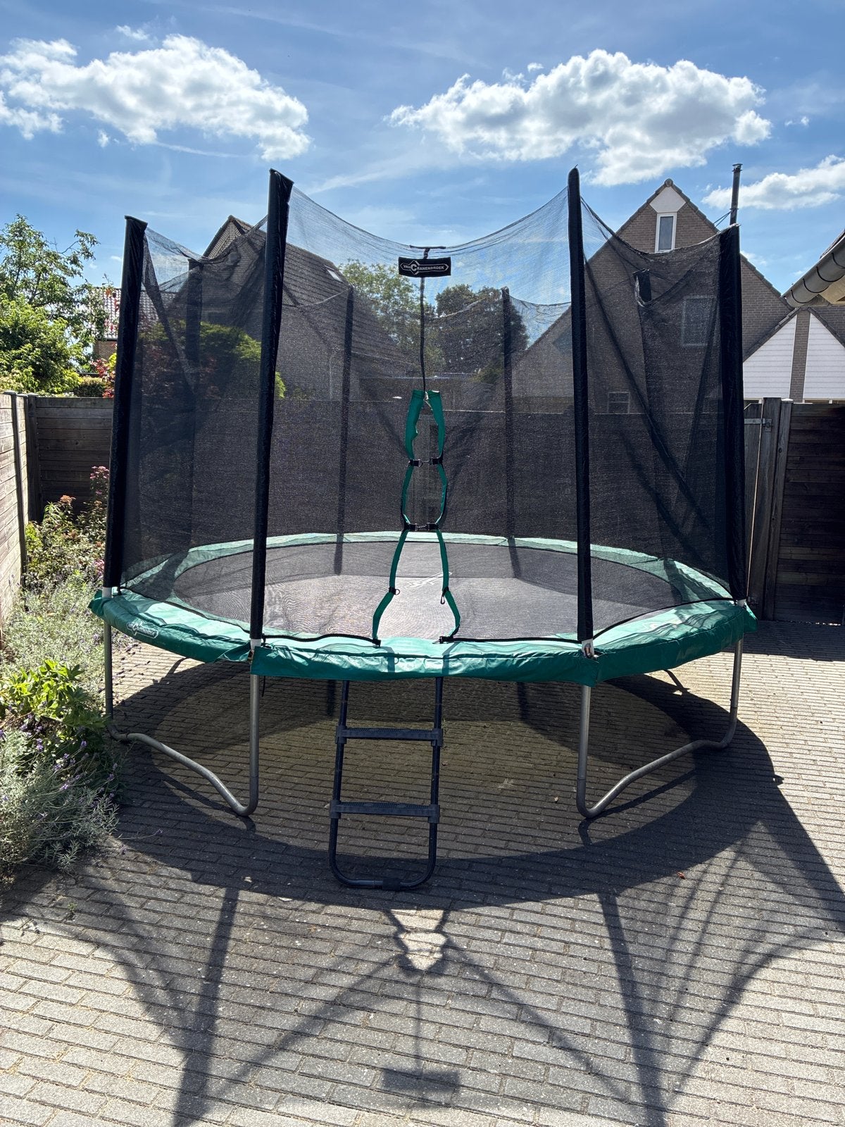 Grote trampoline met veiligheidsnet en ladder 360cm doorsnee, Ophalen, Gebruikt