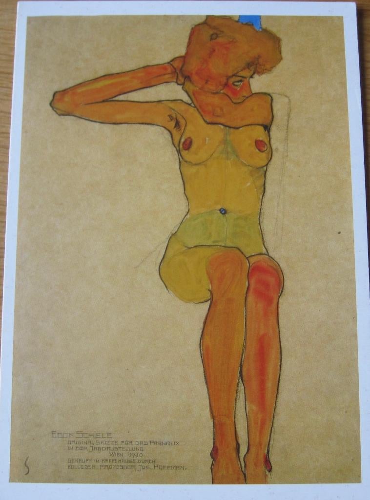 Egon Schiele - zittende naakte vrouw met rechterarm omhoog, Verzamelen, Verzenden, 1980 tot heden, Ongelopen, Overige thema's
