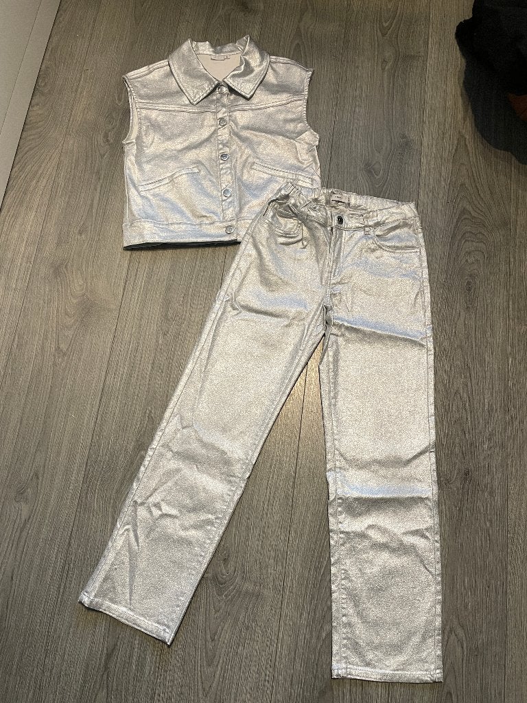 NAME IT meisje zilver coated broek en gilet mt 146 / 152, Kinderen en Baby's, Meisje, Ophalen of Verzenden, Zo goed als nieuw