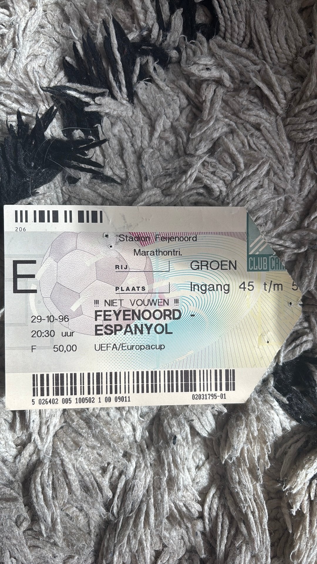 Oud stadionticket feyenoord espanyol 1996, Verzenden, Zo goed als nieuw, Feyenoord