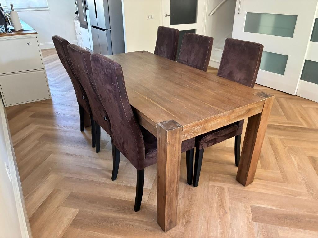 Eettafel met 6 stoelen (Goossens), Ophalen, Gebruikt, Teakhout, 50 tot 100 cm