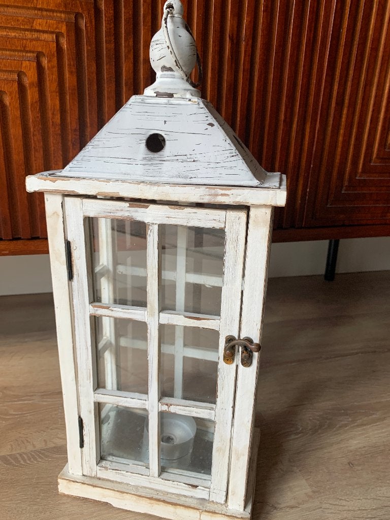 Witte houten lantaarn - Brocante stijl, Windlicht, Gebruikt, Wit, Ophalen of Verzenden