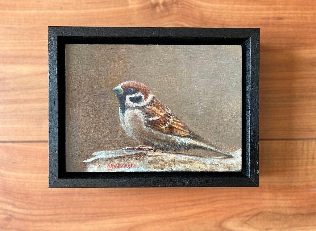 Schilderij van een mus. Hans Habraken., Ingelijst, Paneel, Realistisch, Dieren