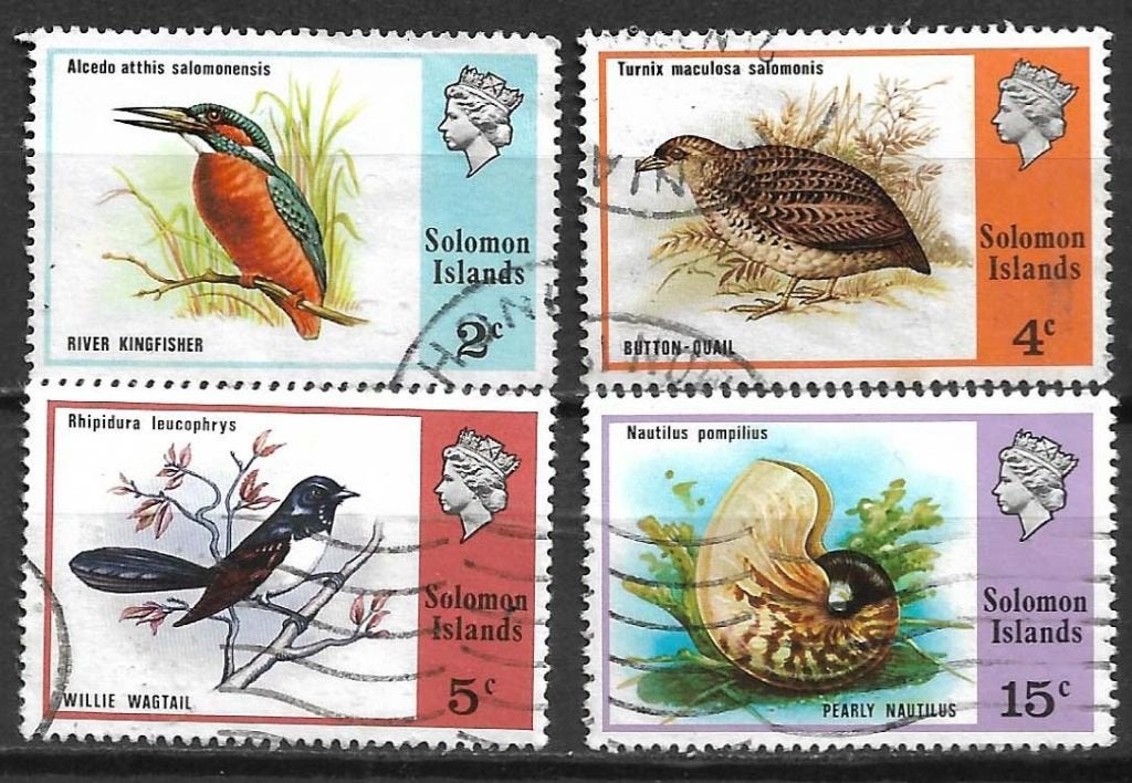 Solomon Islands 1976 Vogel ijsvogel kwartel inktvis kwikstaa, Ophalen of Verzenden, Gestempeld