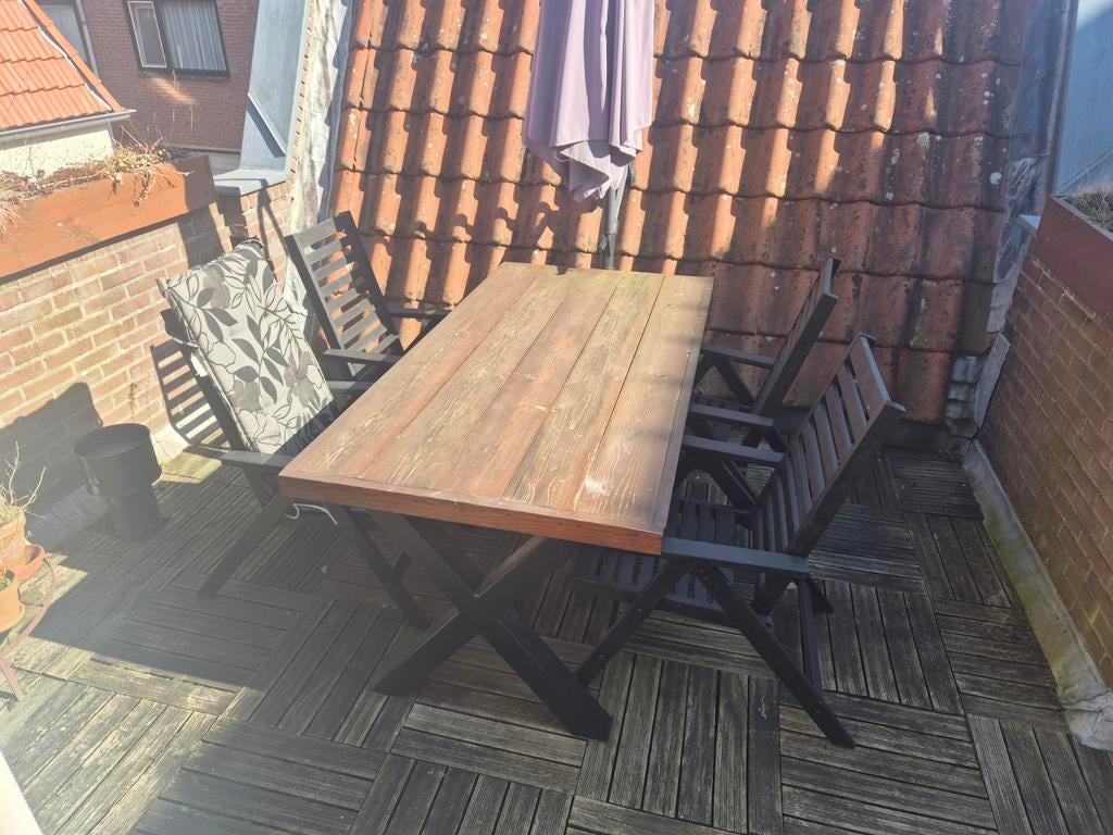 Mooie tuinset met zwarte X-poten, inclusief tuinkussens, Ophalen