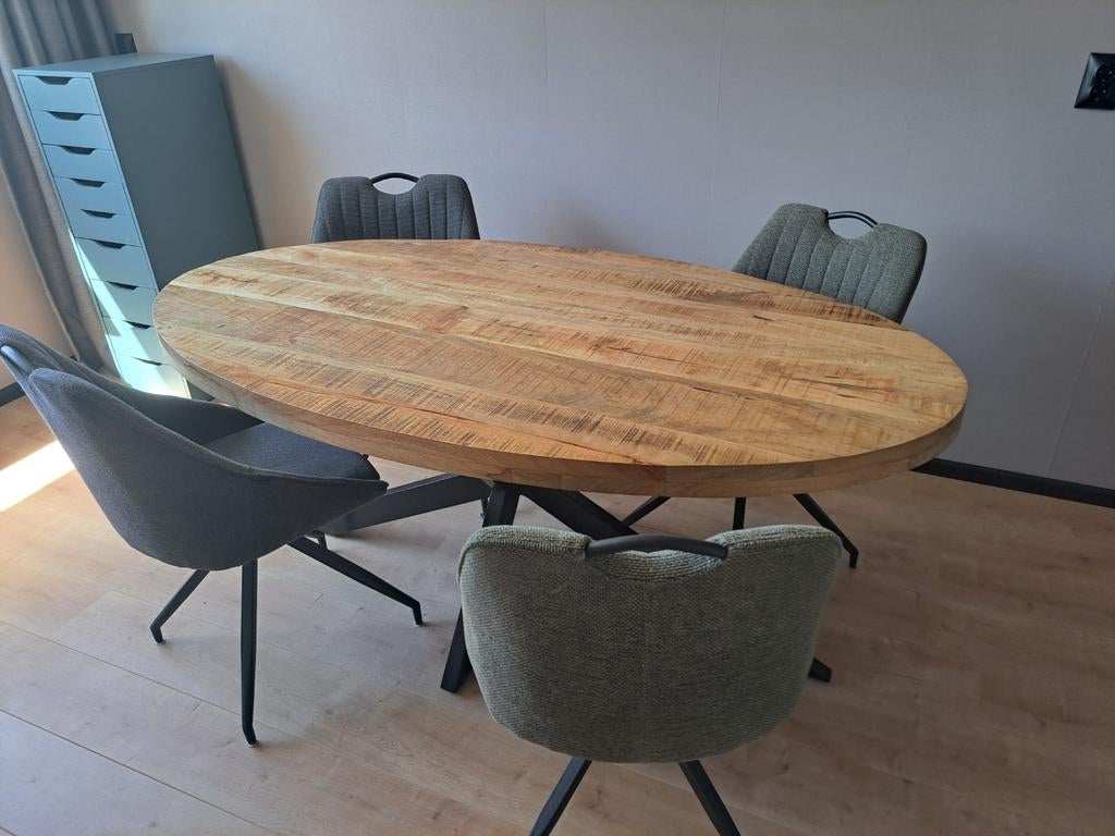 Set van 4 groen en grijze eettaffelstoelen, Huis en Inrichting, Stoelen, Ophalen, Gebruikt, Vier, Stof