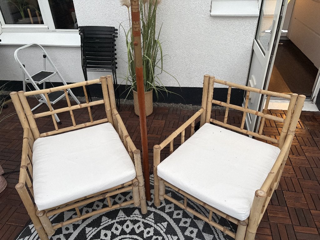 Bamboe tuinstoelen met kussens 2 stuks, Ophalen, Gebruikt, Rotan