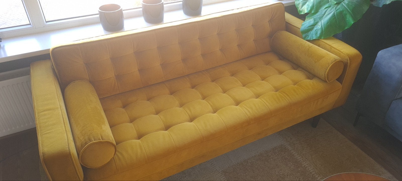 Gele 3-zitsbank in velours stof, Ophalen, 150 tot 200 cm, Driepersoons, 75 tot 100 cm