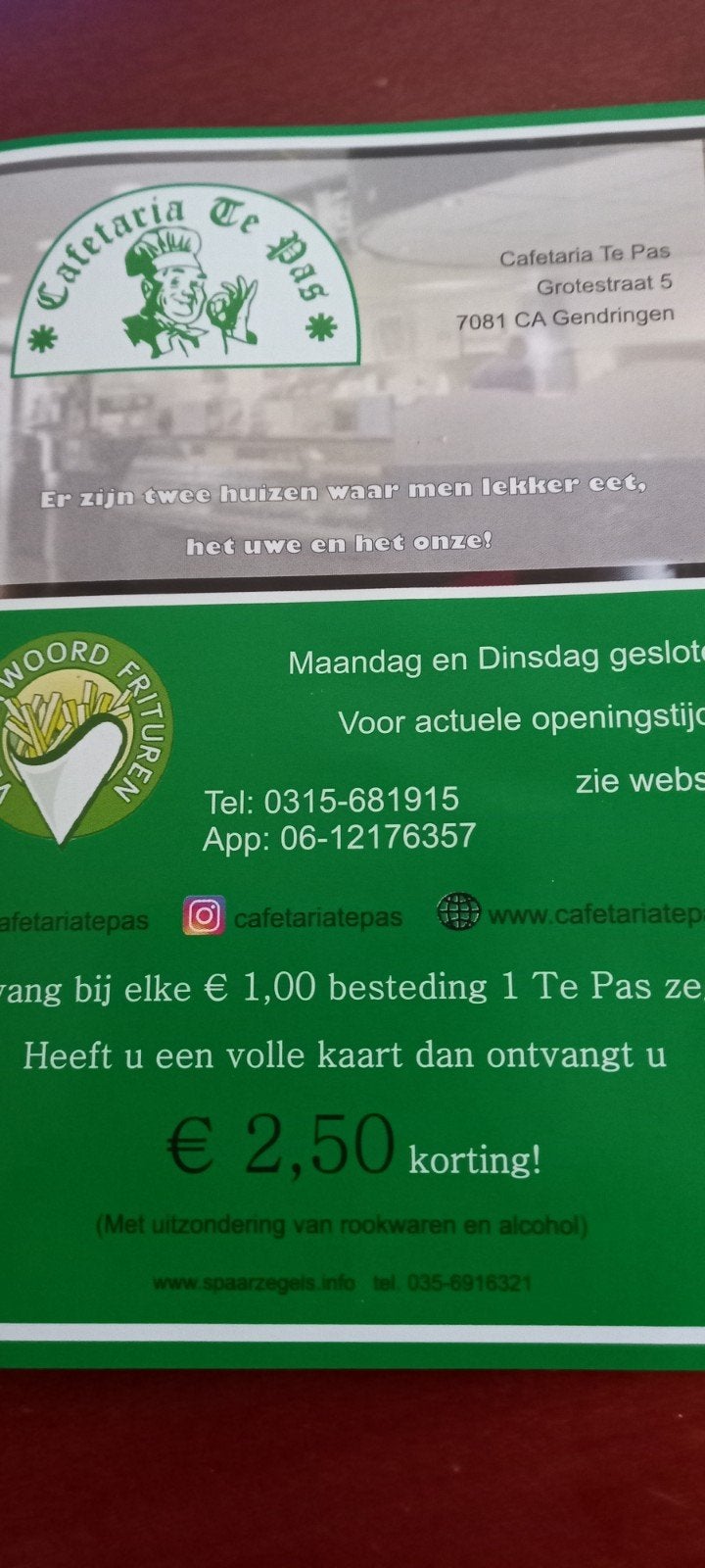 Cafetaria Te Pas spaarzegels - 2,50 euro korting. gratis.!, Hobby en Vrije tijd, Ophalen of Verzenden
